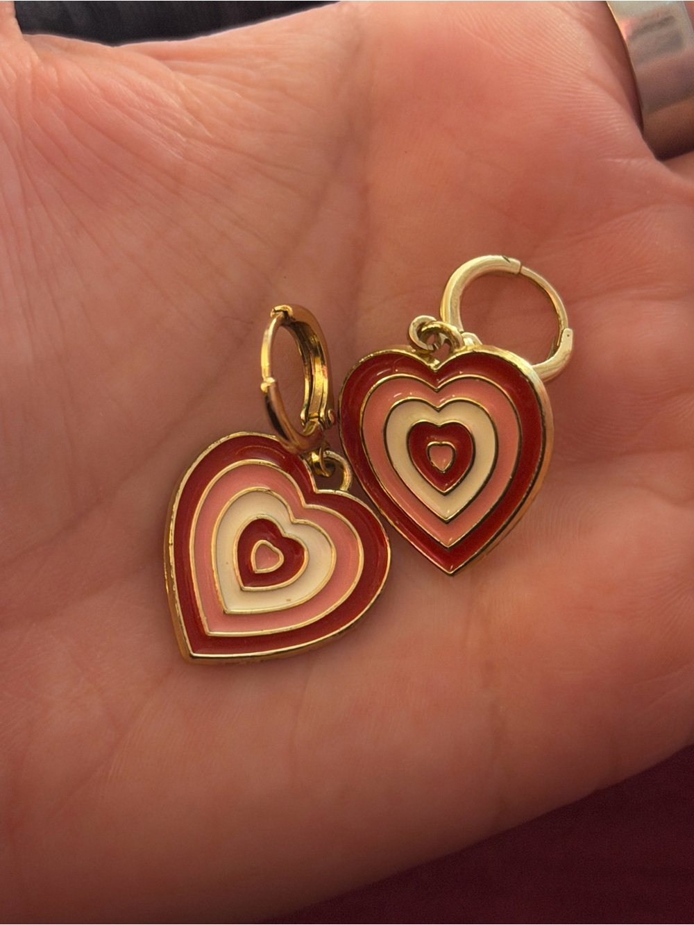 Gold-Tone Red & Cream Heart Drop Earrings